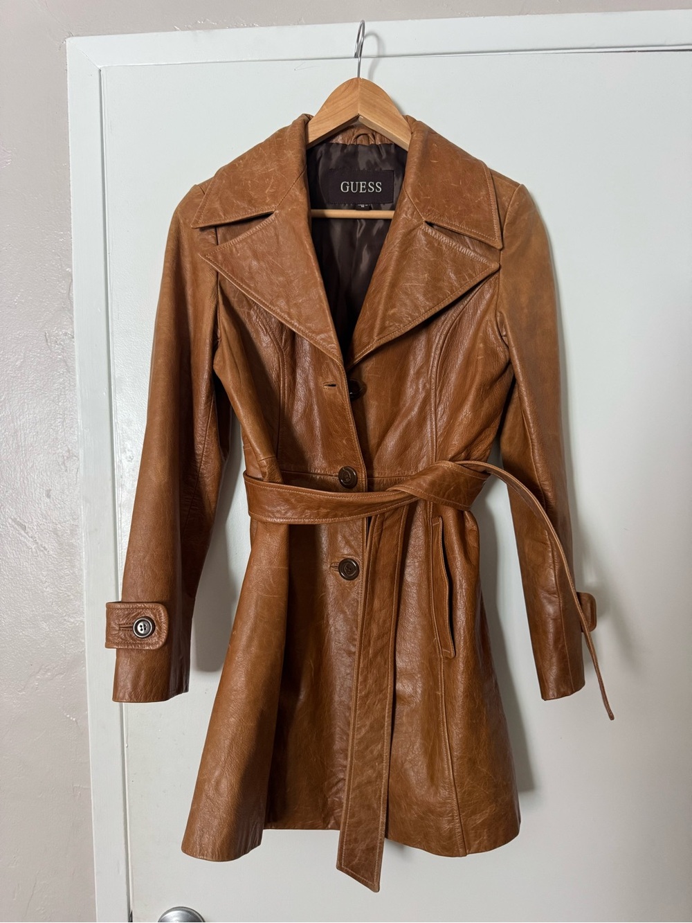 GUESS Tan Leather Trench Coat with Belt